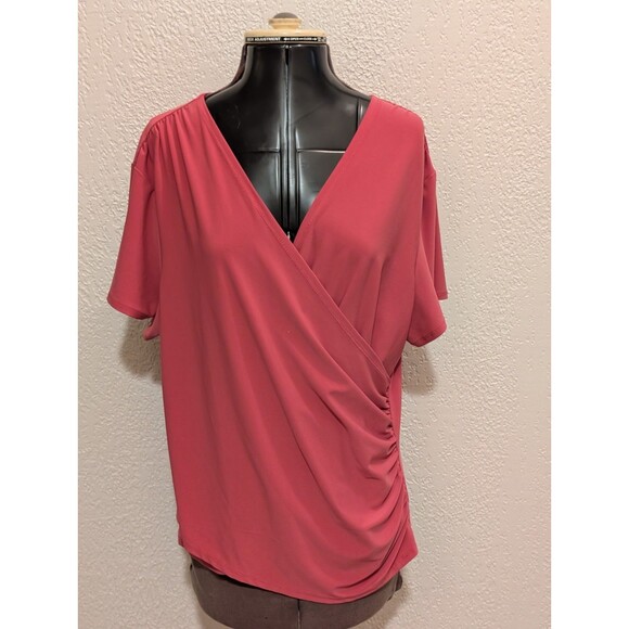 Coldwater Creek Small XL Top Pink Stretch Faux Wrap Deep V-Neck 3/4 Sleeve slim - Picture 2 of 11